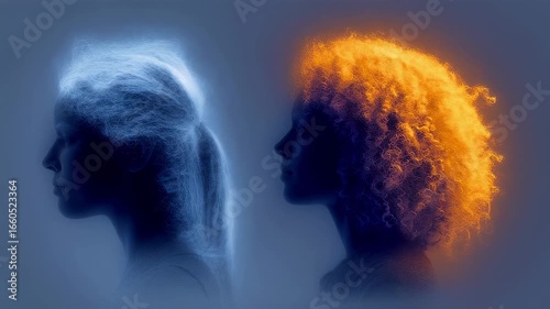 Focused medium shot of straighthaired avatars head under thermal imaging background softly blurred comparing scalp temperature regulation against a curlyhaired counterpart in