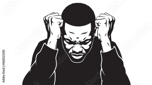 A man clenches his fists, pressing them against his temples with an expression of intense frustration or deep thought.