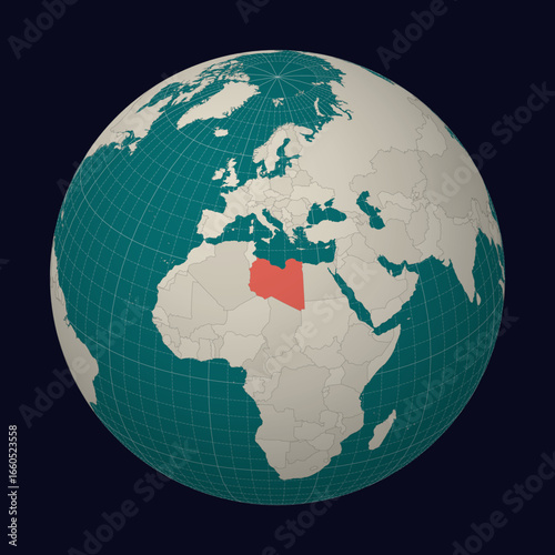 Libya on the map. Globe centered to Libya. Country location on the world map. Teal Pale Mint color palette. Globe with countries, meridians and parallels. Trending vector illustration.