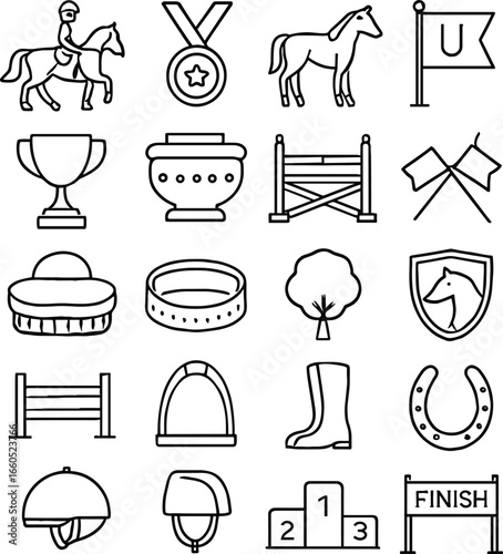 Horse riding icons, equestrian sport, horseback rider, competition, medals, trophies, helmet, saddle, horseshoe, finish line, horse equipment, training