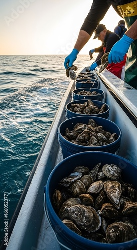 Collecting fresh oysters from the sea during sunset on a calm day, showcasing the vibrant colors of nature and teamwork