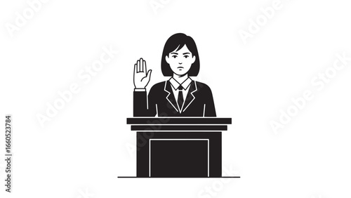 A woman in a suit and tie stands at a podium with her hand raised, taking an oath or making a declaration.