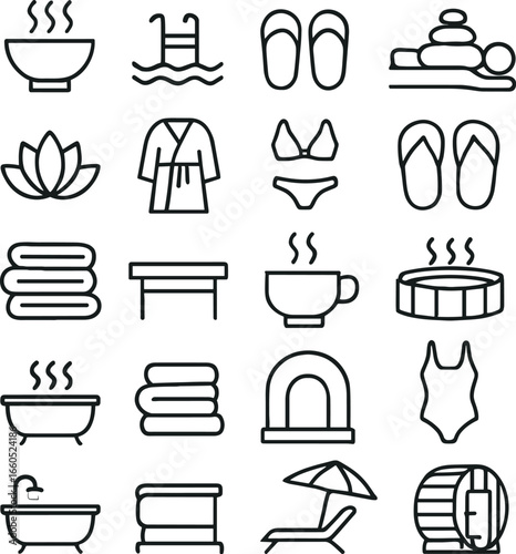 Spa and wellness icons set with massage, sauna, hot tub, towels, bath, swimming pool, flip flops, tea, and relaxation.