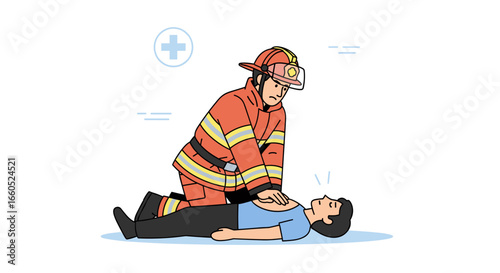 Firefighter CPR Vector Illustration, Emergency Medical Concept, Flat Design, Rescue Aid, Healthcare 
