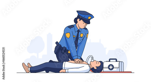police officer administering cpr vector illustration, flat design, emergency concept, first aid