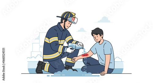 firefighter helping burn victim vector illustration, flat design, emergency medical aid concept, people 