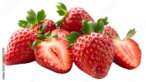 Close-up macro of fresh red strawberries, ripe and juicy, isolated on a white background