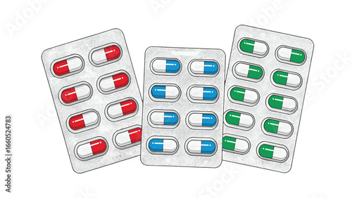 Three blister packs containing rows of colorful capsules, including red and white, blue and white, and green and white pills, presented against a white background.