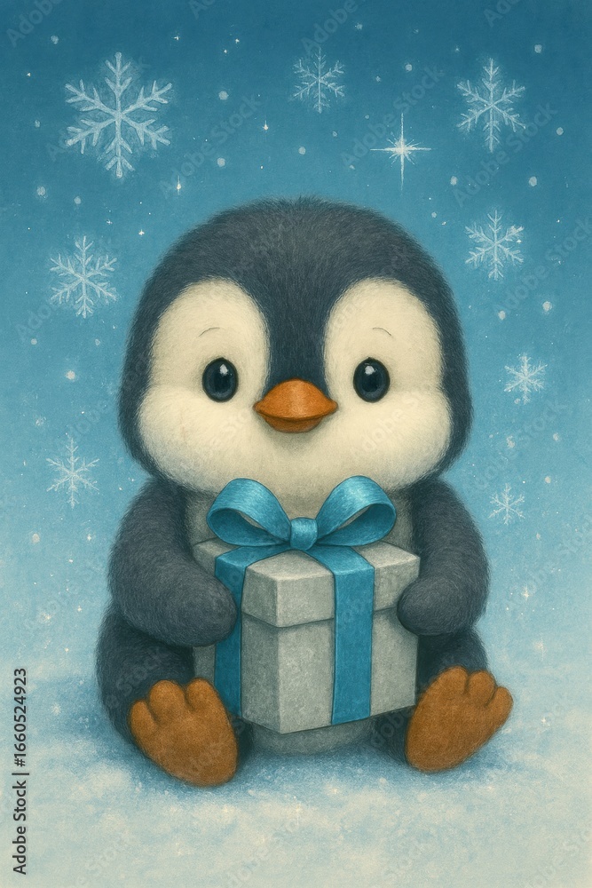 Fototapeta premium Adorable cartoon penguin holding a gift, surrounded by snowflakes. Perfect for festive designs, children's products, or holiday marketing materials.