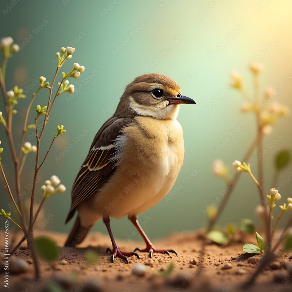 Fototapeta premium Small Brown Bird Standing on Ground with Flowers
