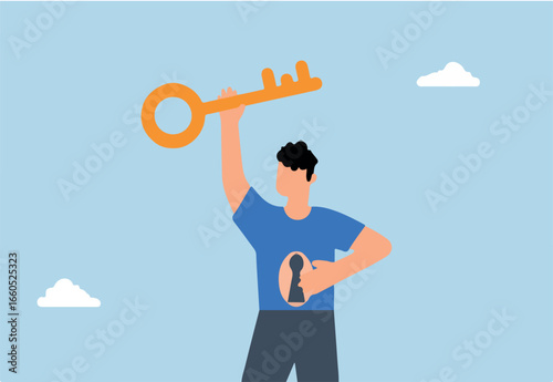 Unlock true potential, businessman with a golden key opening keyhole in his shirt