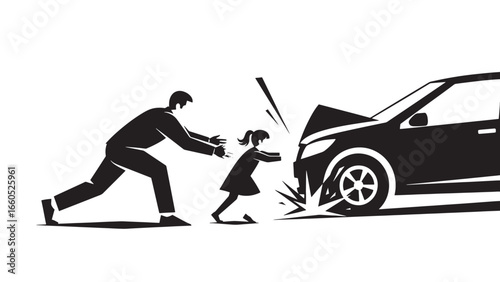 Father and daughter desperately push a car forward, symbolizing effort and struggle against an obstacle.