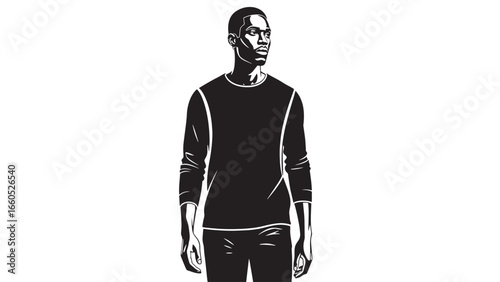A stylized black and white illustration of a young Black man wearing a long-sleeved shirt and pants, looking off to the side with a thoughtful expression.