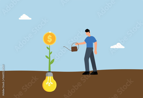 Monetize idea, businessman watering of growing money coun plants from bulb idea