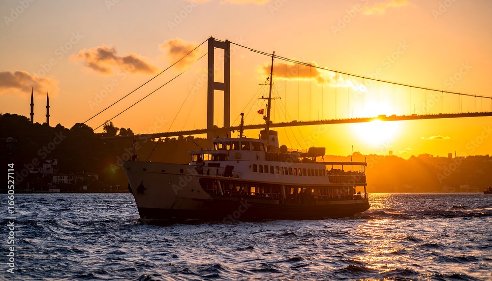 Fototapeta premium Sunset Ferry with Istanbul Bridge.