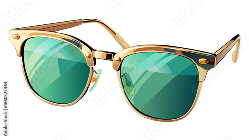 Clubmaster sunglasses with horn-rimmed browline and gold metal accents .white background, 