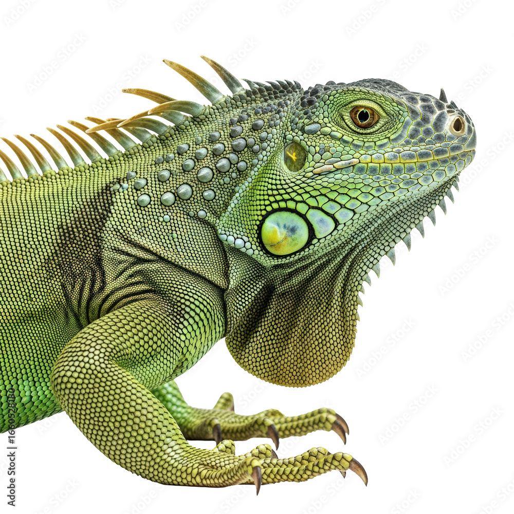 Fototapeta premium Close up of a green iguana head and body isolated on transparent background