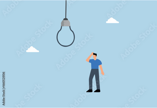 Business risk, skeptical businessman looking at light bulb idea thinking it looks like noose trap