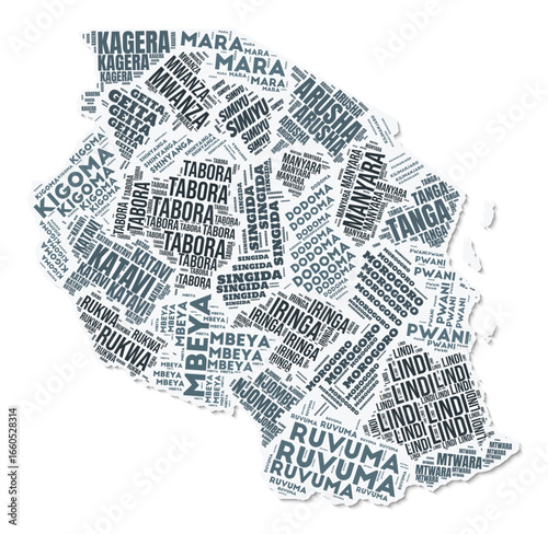 Tanzania shape text cloud. Country border with shadow on white background. Tanzania with regions division in vintage gazette style. Vibrant vector illustration.