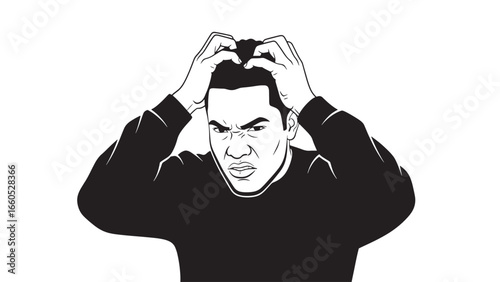 A man clutches his head in frustration, his brow furrowed in intense concentration or distress, depicted in a stark black and white illustration.