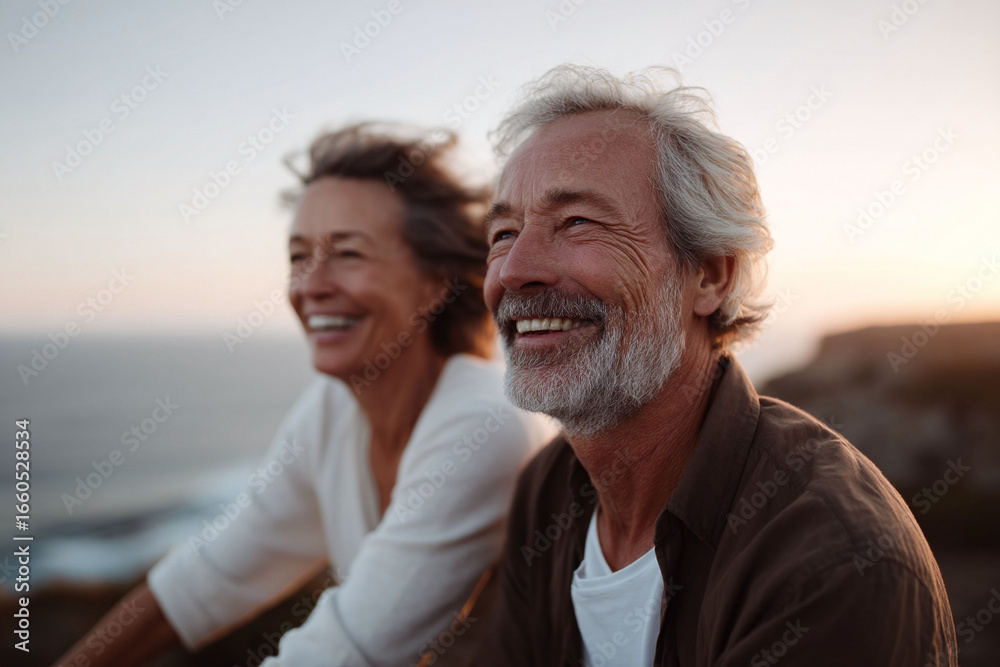 Joyful senior couple enjoying sunset together. Symbol of love, companionship, and healthy lifestyle. Ideal for retirement, travel, and relationship content. Joyful senior couple enjoying sunset together. Symbol of love, companionship, and healthy lifestyle. Ideal for retirement, travel, and relationship content.