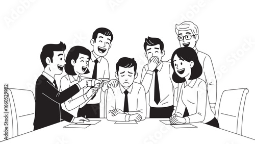 A group of colleagues laughing and pointing at a sad, isolated man sitting at a table during a meeting.