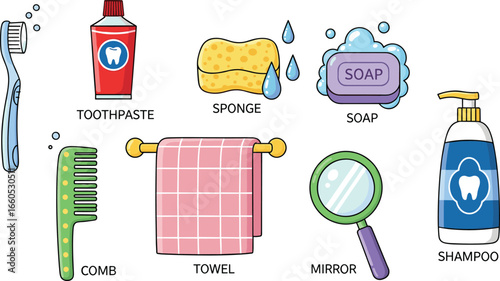 Bathroom objects, hygiene items, toothbrush toothpaste illustration, soap shampoo sponge, towel comb mirror vector, personal care products, bathroom essentials clipart