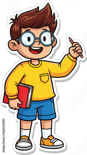 Cute boy cartoon, school kid with glasses, holding book and pencil, smart student illustration, adorable learning child character clipart