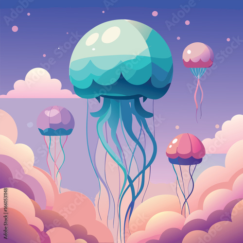 vector illustration of jellyfish-like creature over a cloud