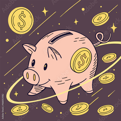 piggy bank and coin like a planet