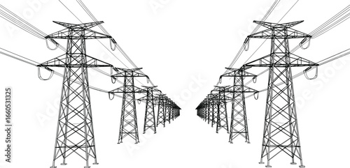 High voltage power transmission lines and electric towers in perspective view, energy infrastructure, electricity supply system illustration