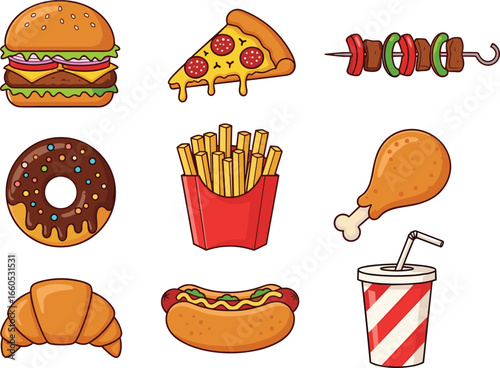 Fast food cartoon vector illustration, burger pizza fries hotdog donut soda clipart, junk food design, street food icons, tasty meal artwork