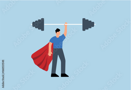Business Strengths, strong businessman hero shows his strength by easily lifting heavy weight.