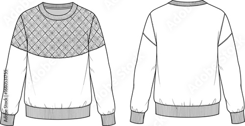 Sweater fashion flat sketch, crewneck pullover template, vector clothing design, patterned yoke sweatshirt, casual unisex apparel illustration, garment technical drawing