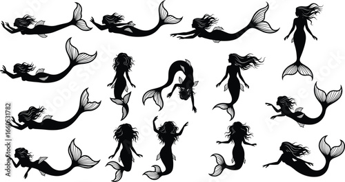 Mermaid silhouette collection, fantasy underwater creatures, swimming ocean fairytale design elements, mystical sea artwork, aquatic illustration set
