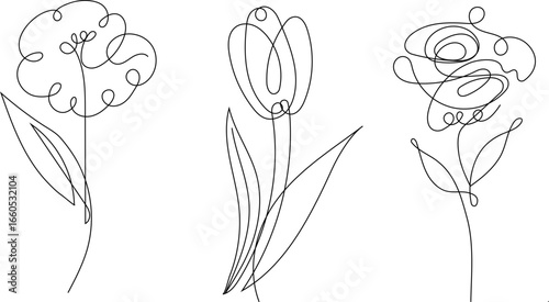 Minimalistic continuous line drawing of tropical flowers, including tulips, poppies, peonies and orchids, elegant botanical illustration for beauty salon, floral shop, social media and wall art.