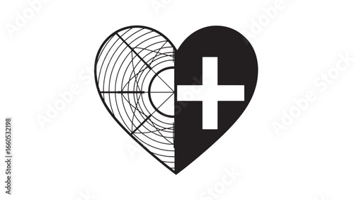 A stylized heart symbol divided into two halves, one with a geometric wood grain pattern and the other with a solid black background and a white cross.