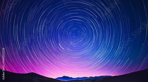  Night sky filled with star trails over mountains at high altitude under clear blue twilight symbolizing cosmic speed