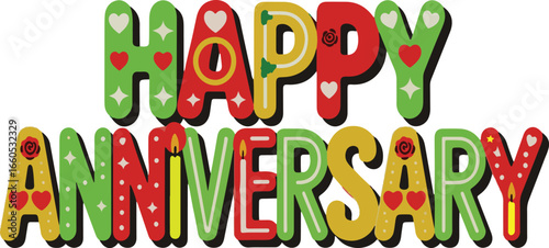 Colorful Happy Anniversary Letters with Hearts and Candles