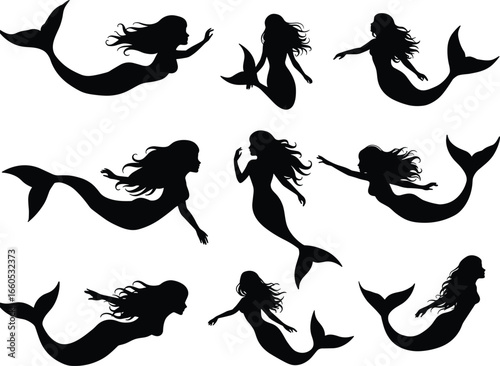 Beautiful mermaid silhouettes, fantasy sea creatures, underwater mythology, mystical ocean design, aquatic fairy tale illustration, magical marine artwork