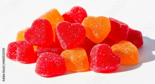 Sweet Heart Shaped Gummies - A delightful pile of red and orange heart-shaped gummies, perfect for Valentine's Day or any sweet treat