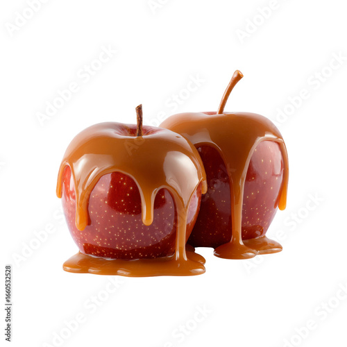 Two Caramel Apples with Dripping Caramel Sauce on White Background