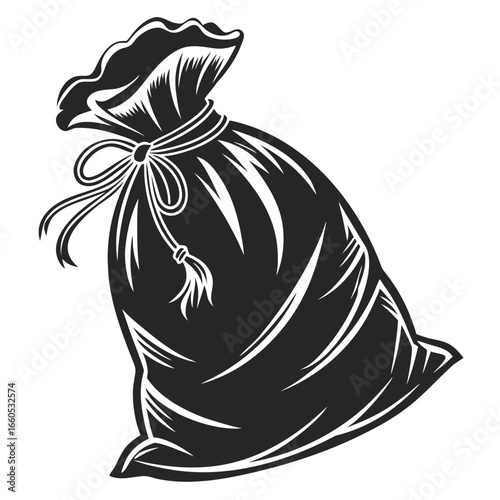 Vintage Style Black and White Sack, Tied Rope, Mysterious,  Full, Heavy,  Treasure,  Gift,  Loot,  Wealth,  Secret.