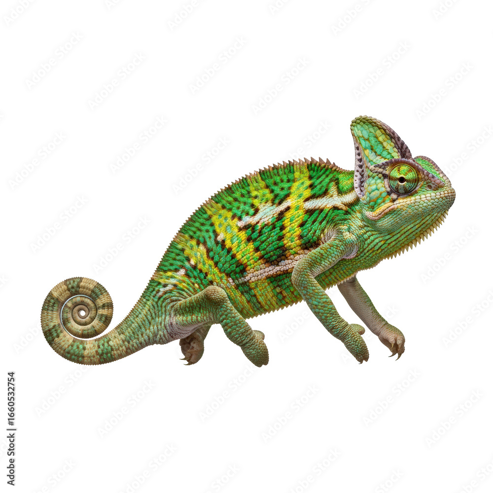 Obraz premium Veiled chameleon with green and yellow pattern isolated on transparent background