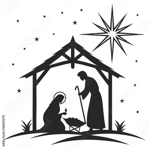 Serene Black and White Nativity Scene: Holy Family Silhouette, Star of Bethlehem, Christmas Eve