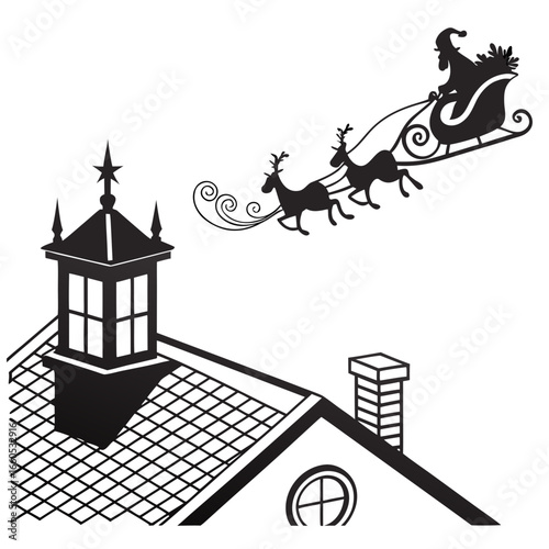 Santa's Silhouette Sleigh Flying Over Housetop:  Classic Christmas Vector Illustration, Black and White Design