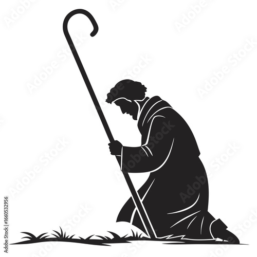 Penitent Shepherd:  Black and White Silhouette, Humble Prayer, Religious Stock Image