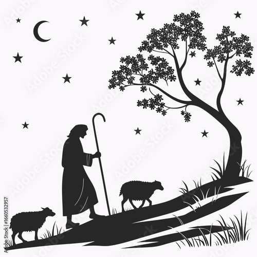 Serene Shepherd Silhouette: Nighttime Pastoral Scene with Sheep under Starlit Sky