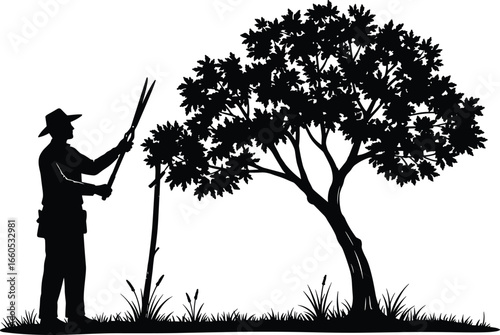 Silhouette of gardener pruning tree, man trimming branches, landscaping worker with tools, outdoor gardening scene, nature maintenance illustration