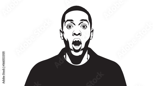 A stylized black and white illustration of a surprised man with wide eyes and an open mouth, conveying shock or astonishment.